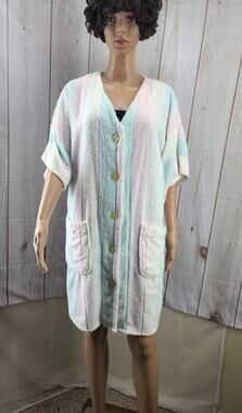 Allegro Women M Pastel Stripe Shirttail Knee Length Terry Cloth Robe Beach Spa